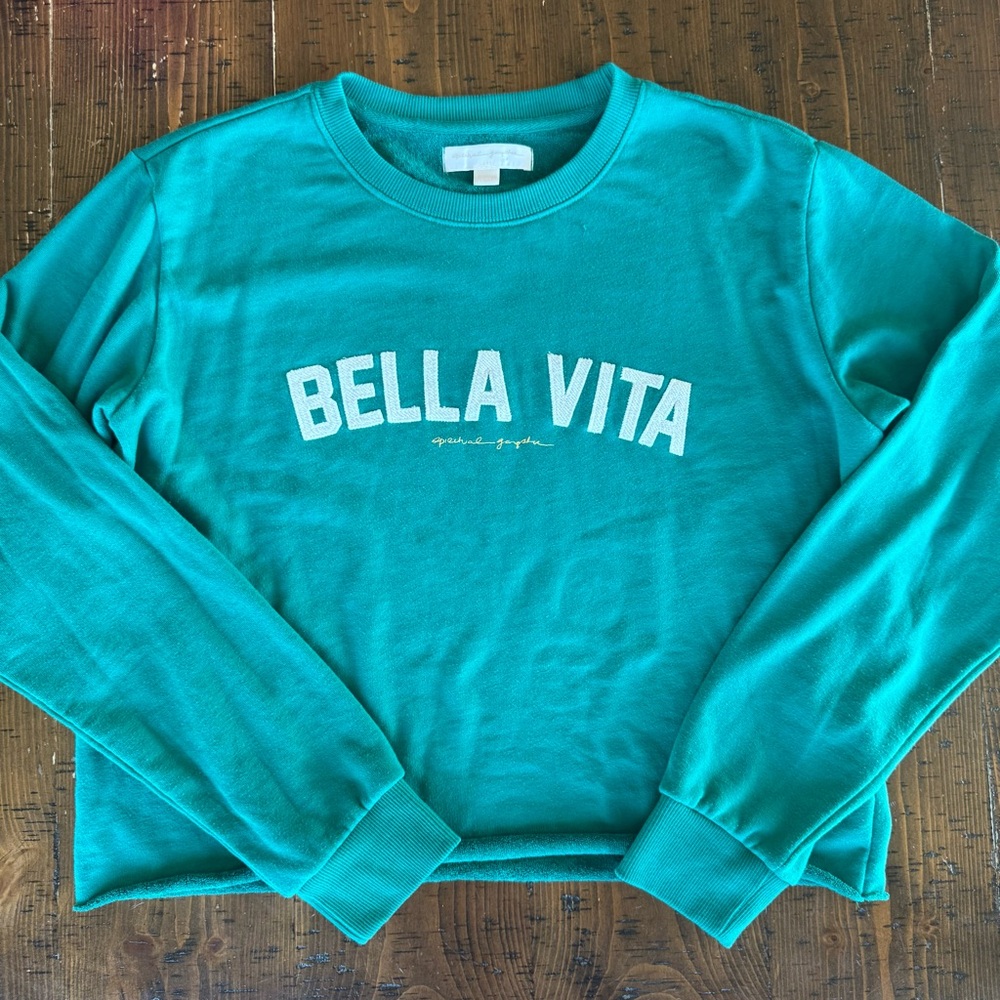 Spiritual Ganster “Bella Vita” Teal Cropped Crewneck Sweatshirt Sz L EUC